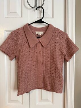 Dusty Rose Knit Button-Up Short Sleeve Sweater Top